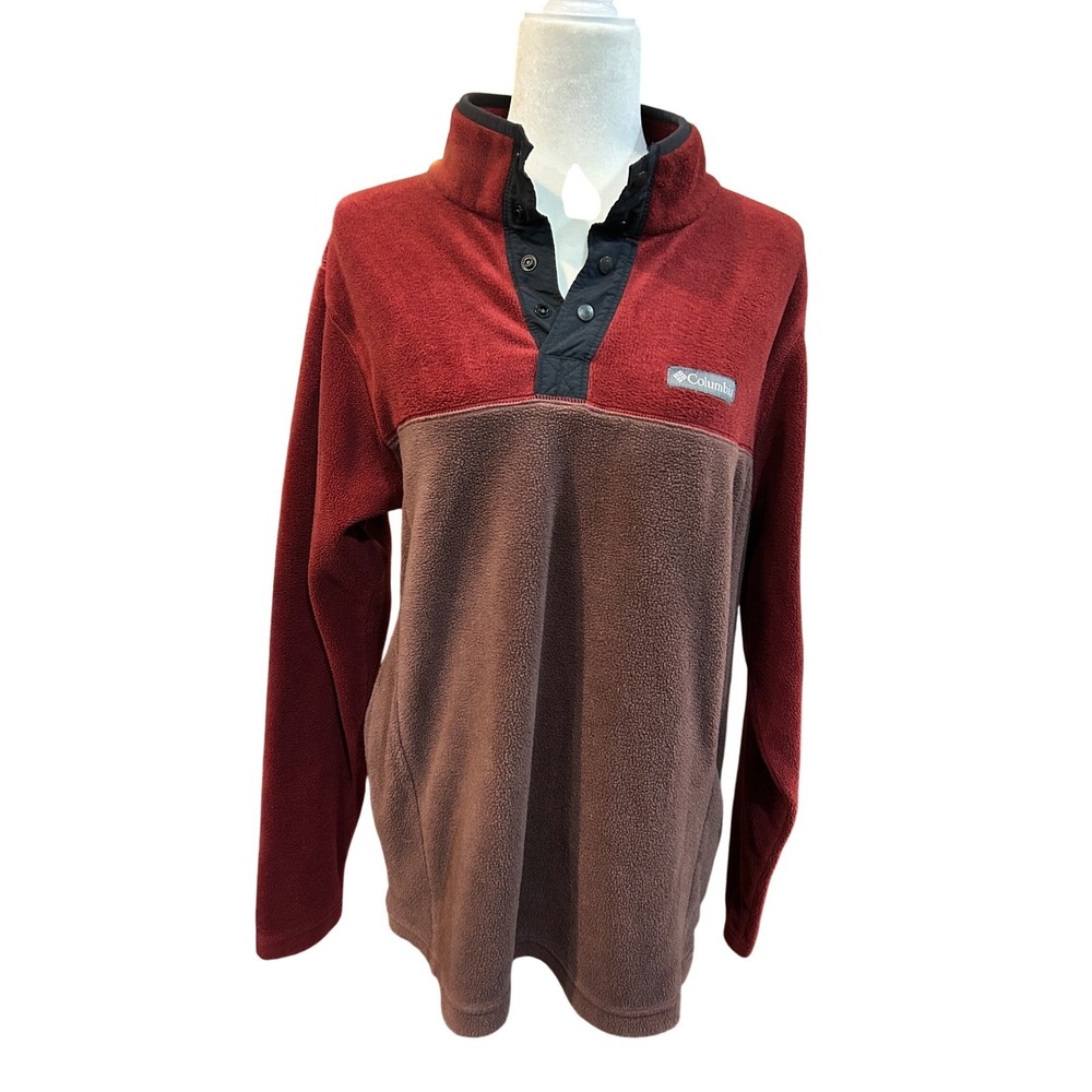 Columbia Fleece Pullover Mens Colorblock Maroon Brown Button Mock Neck